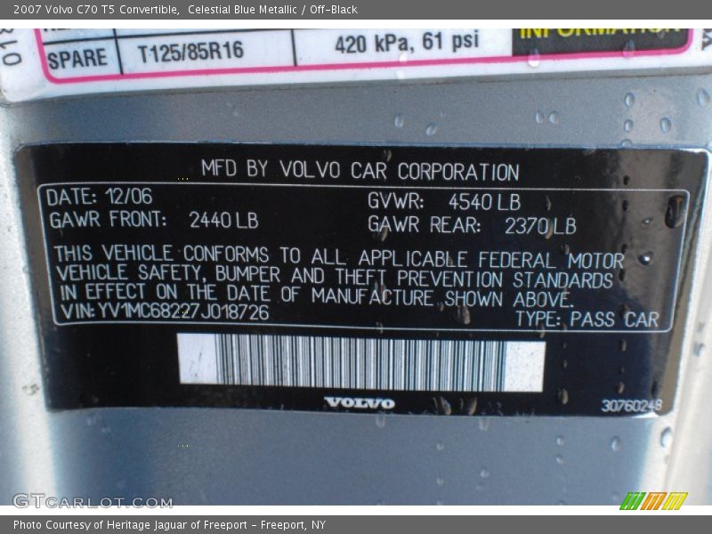 Celestial Blue Metallic / Off-Black 2007 Volvo C70 T5 Convertible