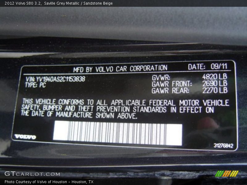 Saville Grey Metallic / Sandstone Beige 2012 Volvo S80 3.2