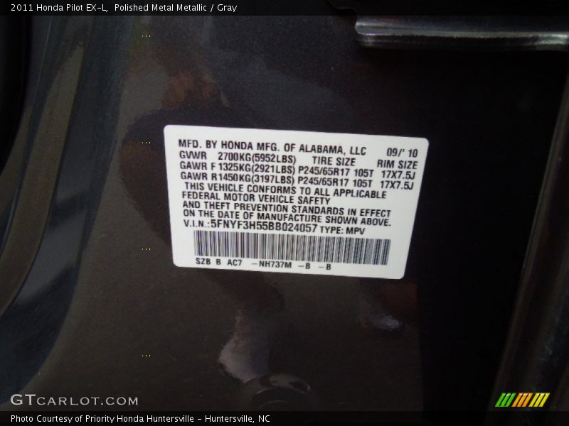 Polished Metal Metallic / Gray 2011 Honda Pilot EX-L