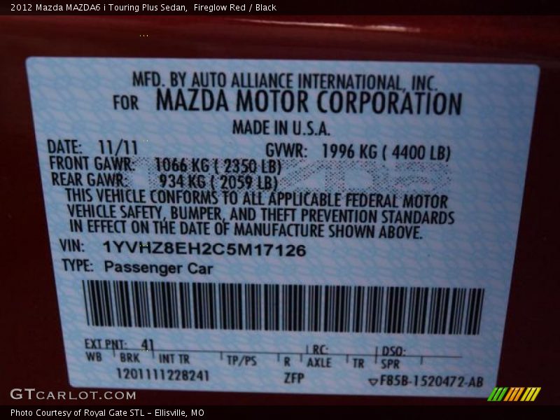 Fireglow Red / Black 2012 Mazda MAZDA6 i Touring Plus Sedan