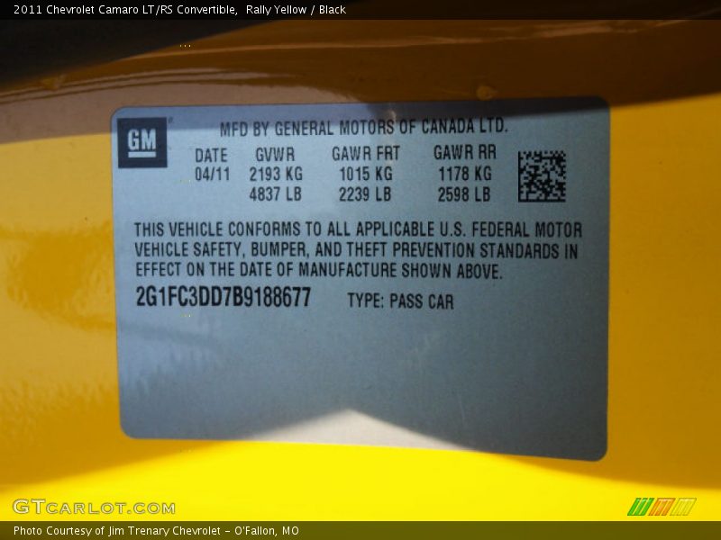 Info Tag of 2011 Camaro LT/RS Convertible