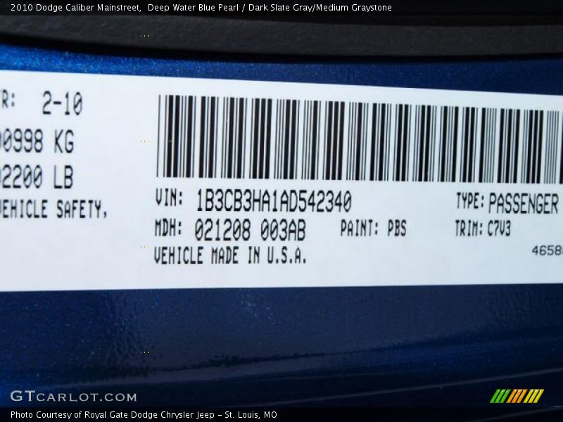 Deep Water Blue Pearl / Dark Slate Gray/Medium Graystone 2010 Dodge Caliber Mainstreet