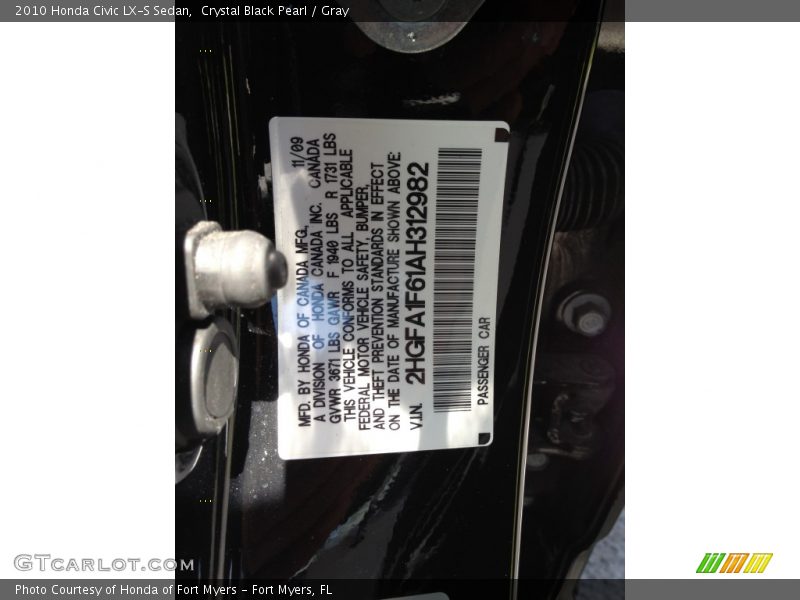 Crystal Black Pearl / Gray 2010 Honda Civic LX-S Sedan