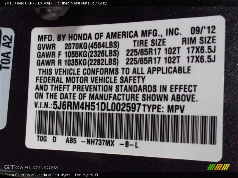 2013 CR-V EX AWD Polished Metal Metallic Color Code NH737MX