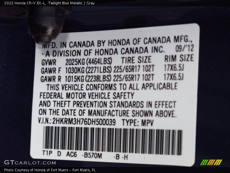 2013 CR-V EX-L Twilight Blue Metallic Color Code B570M
