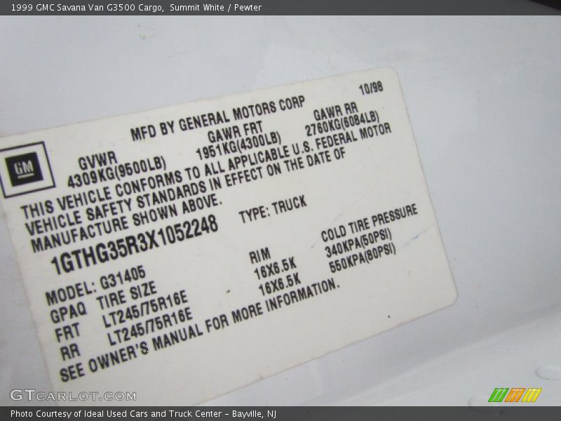 Summit White / Pewter 1999 GMC Savana Van G3500 Cargo