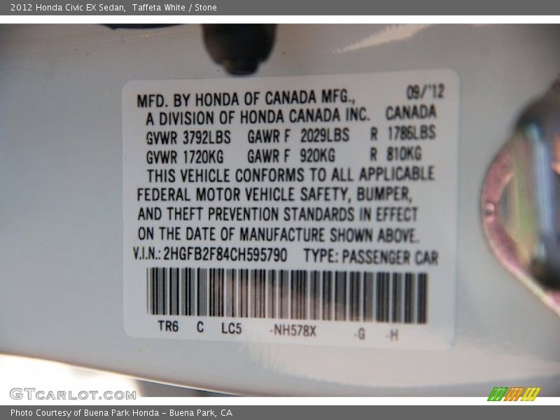 Taffeta White / Stone 2012 Honda Civic EX Sedan