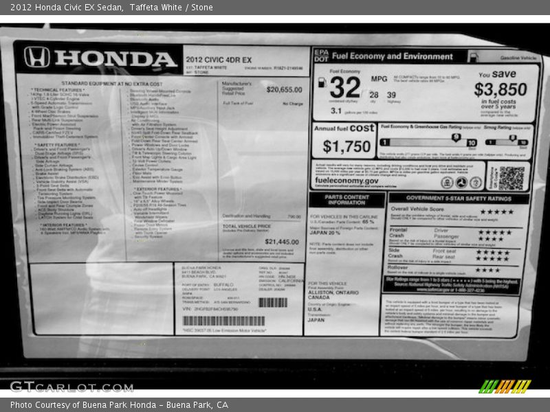 Taffeta White / Stone 2012 Honda Civic EX Sedan