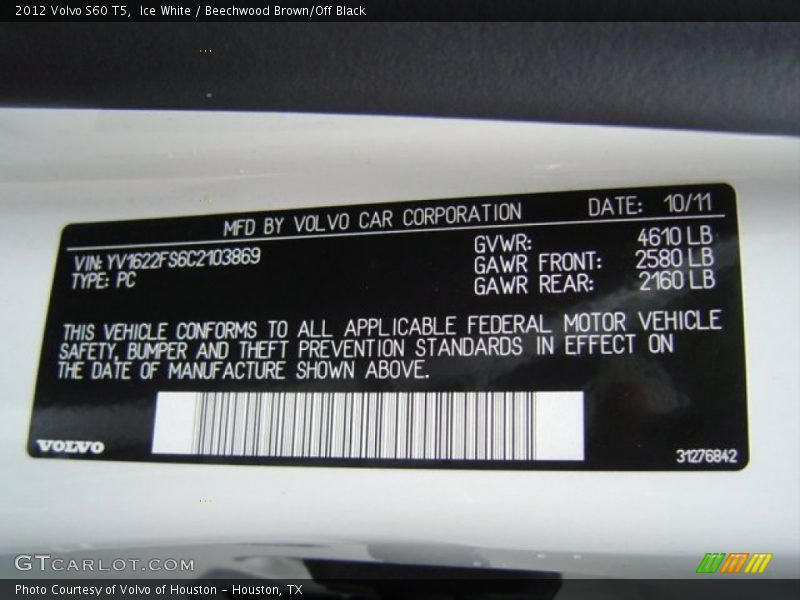Ice White / Beechwood Brown/Off Black 2012 Volvo S60 T5