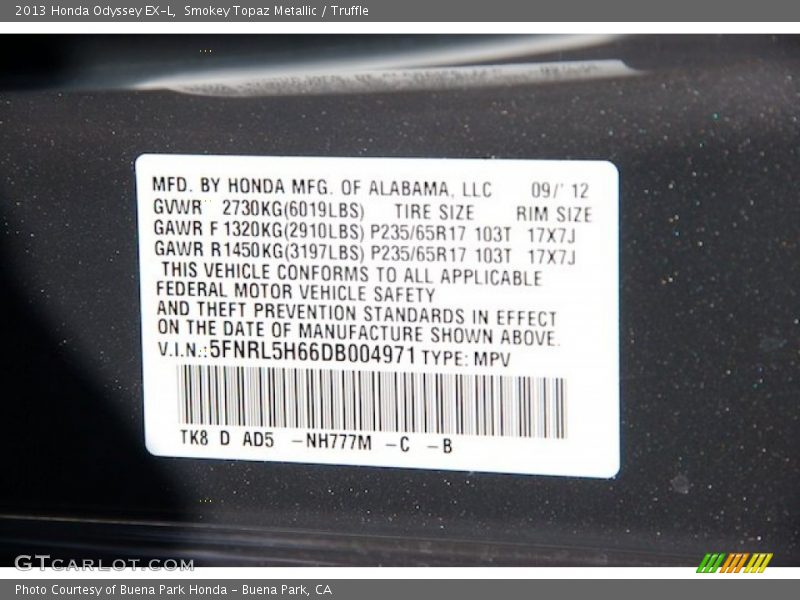 2013 Odyssey EX-L Smokey Topaz Metallic Color Code NH777M