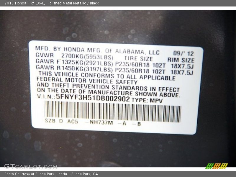 Polished Metal Metallic / Black 2013 Honda Pilot EX-L