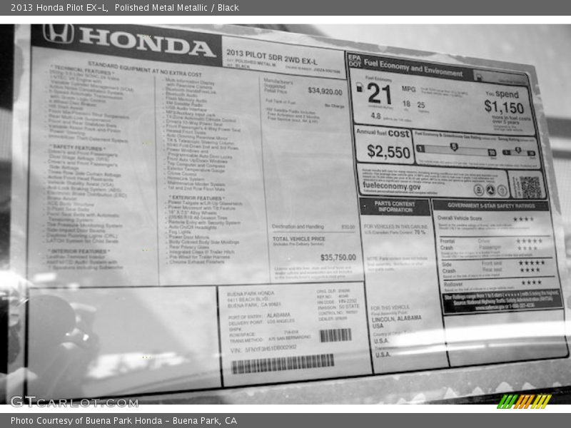  2013 Pilot EX-L Window Sticker