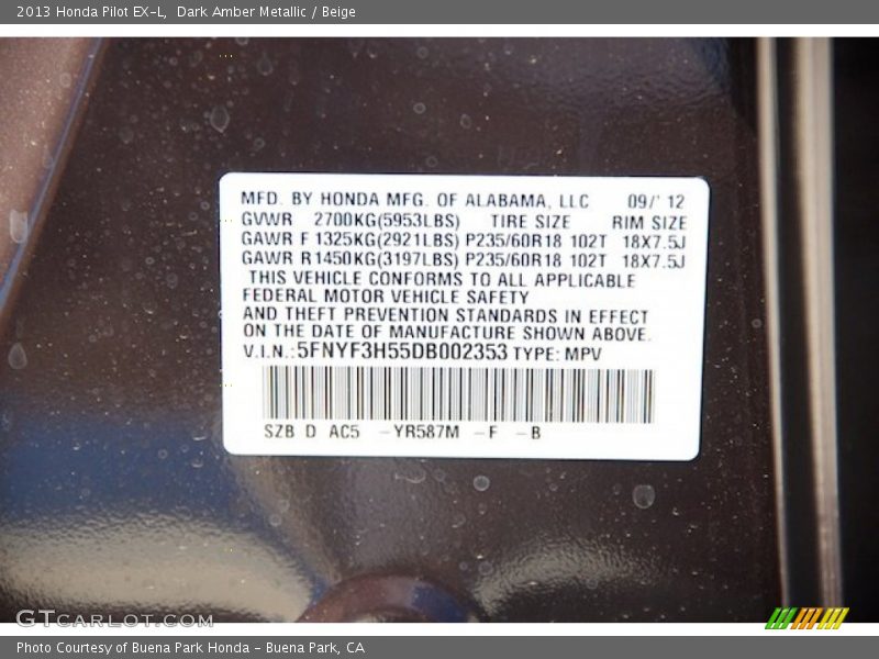 2013 Pilot EX-L Dark Amber Metallic Color Code YR587M