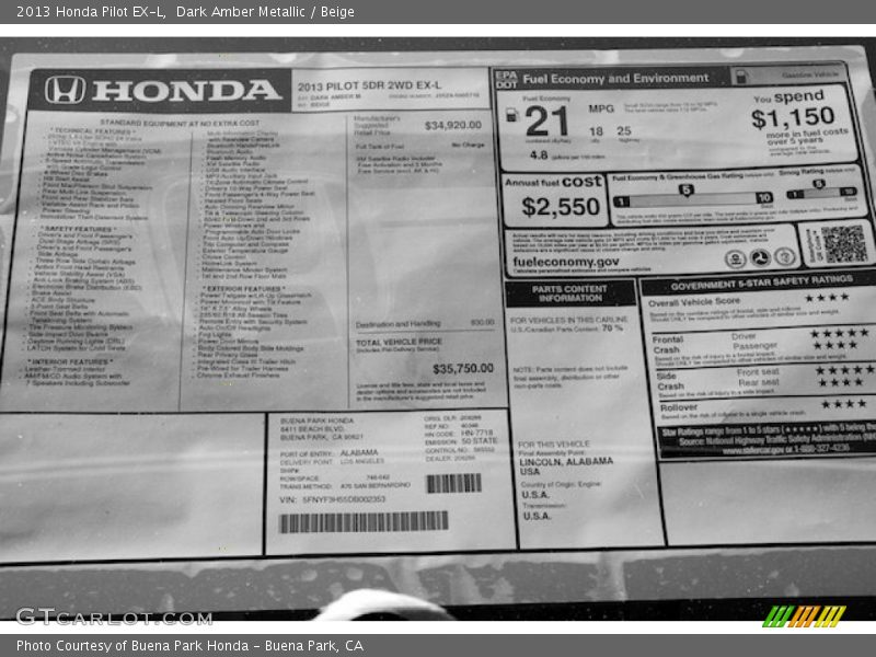  2013 Pilot EX-L Window Sticker