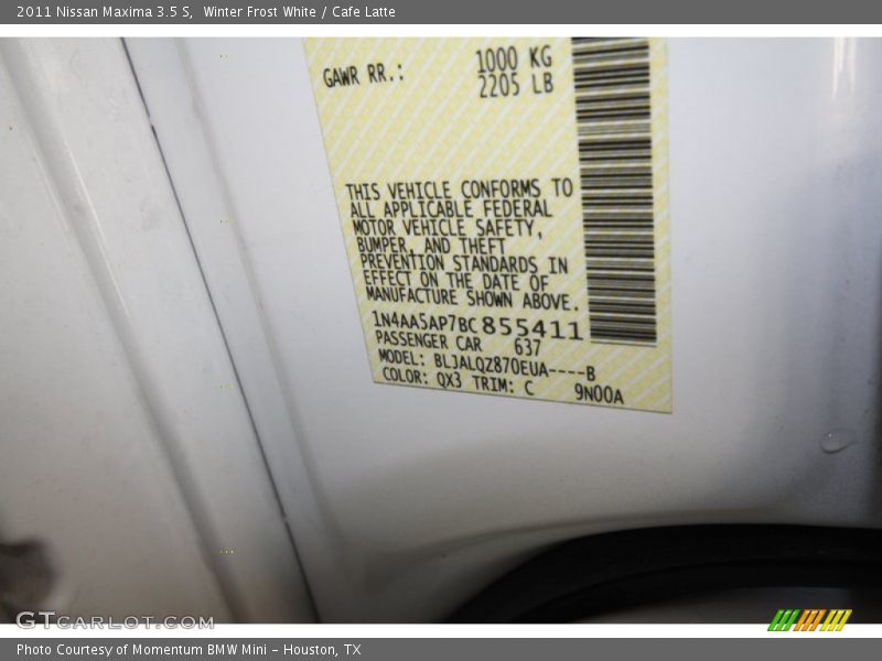 Winter Frost White / Cafe Latte 2011 Nissan Maxima 3.5 S