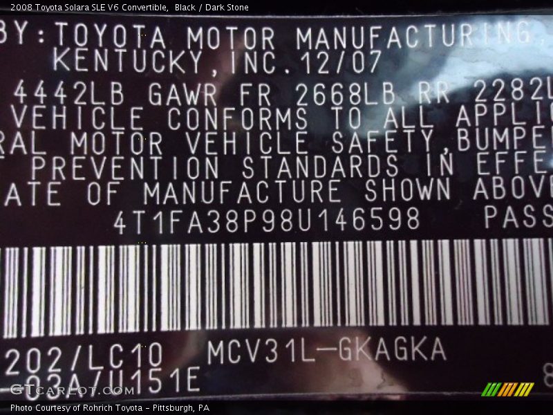 Black / Dark Stone 2008 Toyota Solara SLE V6 Convertible