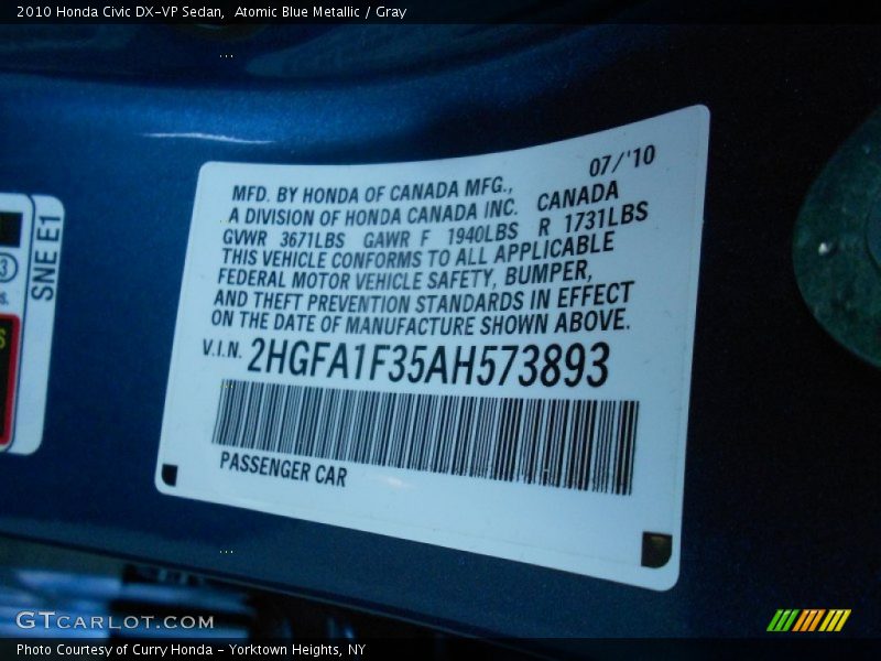 Atomic Blue Metallic / Gray 2010 Honda Civic DX-VP Sedan