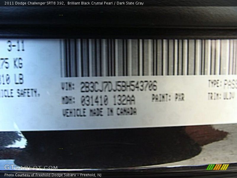 2011 Challenger SRT8 392 Brilliant Black Crystal Pearl Color Code PXR