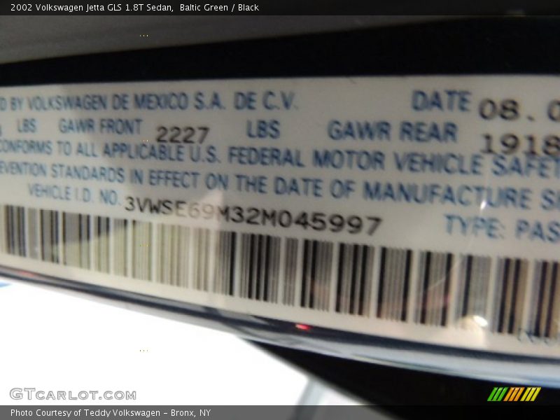 Baltic Green / Black 2002 Volkswagen Jetta GLS 1.8T Sedan