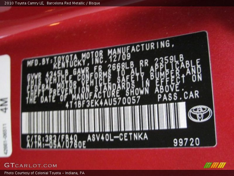 2010 Camry LE Barcelona Red Metallic Color Code 3R3