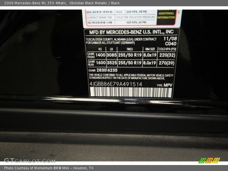 Obsidian Black Metallic / Black 2009 Mercedes-Benz ML 350 4Matic