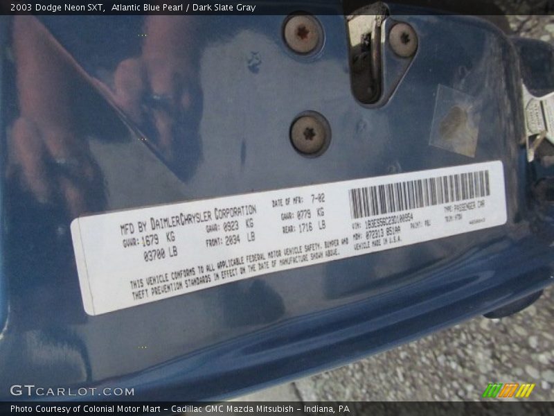 Atlantic Blue Pearl / Dark Slate Gray 2003 Dodge Neon SXT