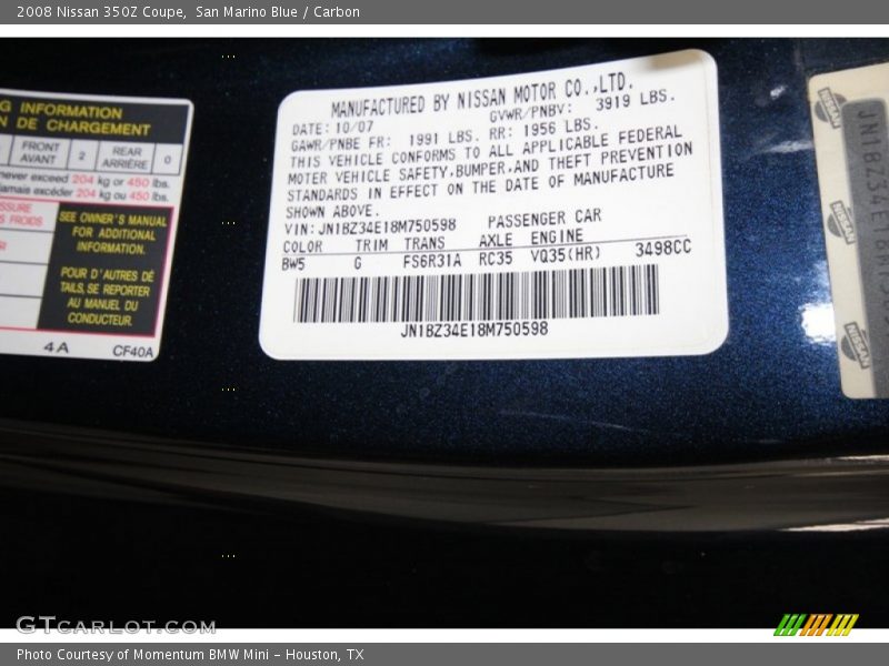 San Marino Blue / Carbon 2008 Nissan 350Z Coupe