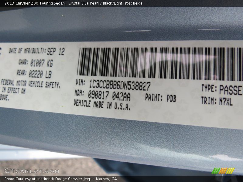 Crystal Blue Pearl / Black/Light Frost Beige 2013 Chrysler 200 Touring Sedan