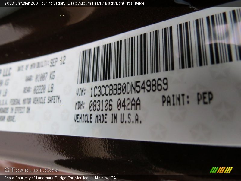 Deep Auburn Pearl / Black/Light Frost Beige 2013 Chrysler 200 Touring Sedan