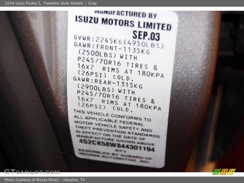 Powellite Silver Metallic / Gray 2004 Isuzu Rodeo S