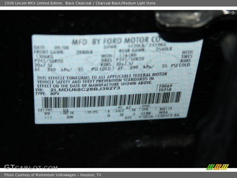 Black Clearcoat / Charcoal Black/Medium Light Stone 2008 Lincoln MKX Limited Edition