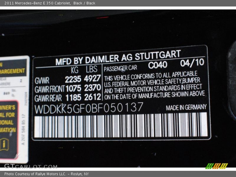 2011 E 350 Cabriolet Black Color Code 040