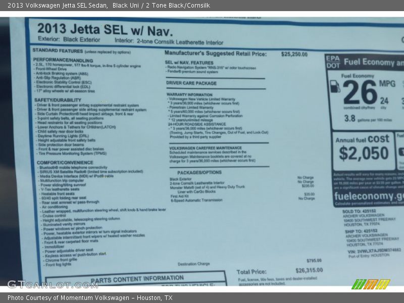 Black Uni / 2 Tone Black/Cornsilk 2013 Volkswagen Jetta SEL Sedan