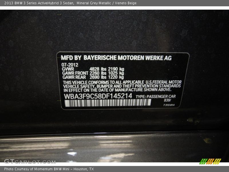 2013 3 Series ActiveHybrid 3 Sedan Mineral Grey Metallic Color Code B39