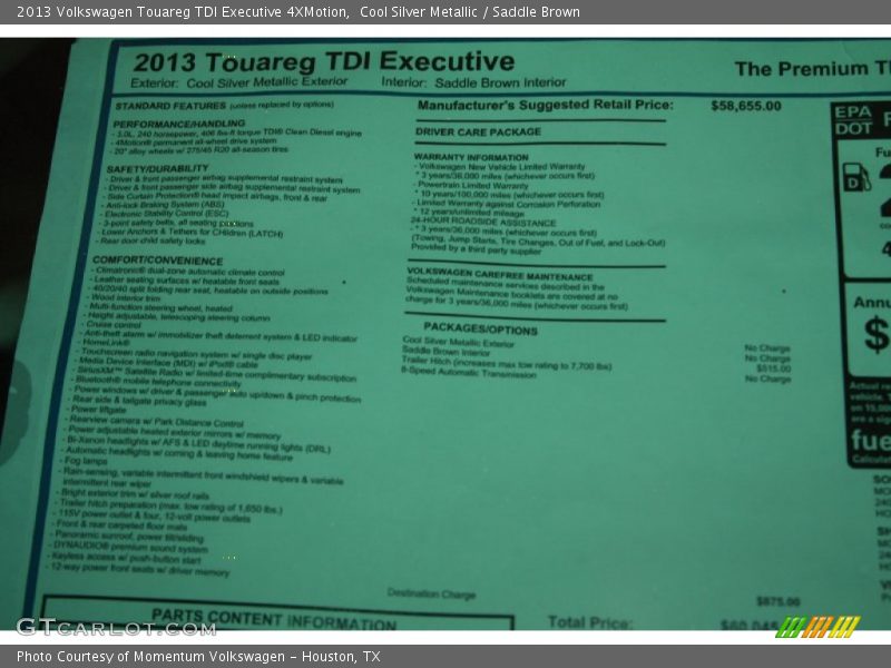  2013 Touareg TDI Executive 4XMotion Window Sticker