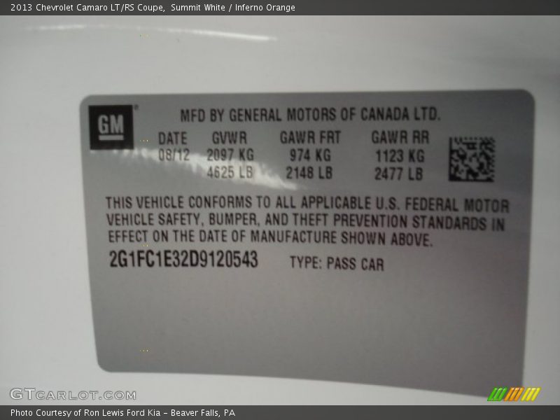 Summit White / Inferno Orange 2013 Chevrolet Camaro LT/RS Coupe