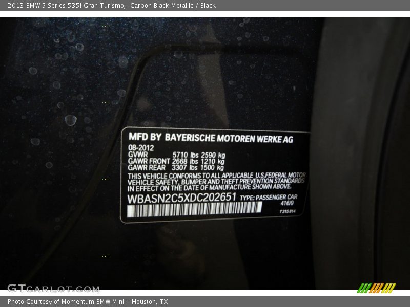 2013 5 Series 535i Gran Turismo Carbon Black Metallic Color Code 416