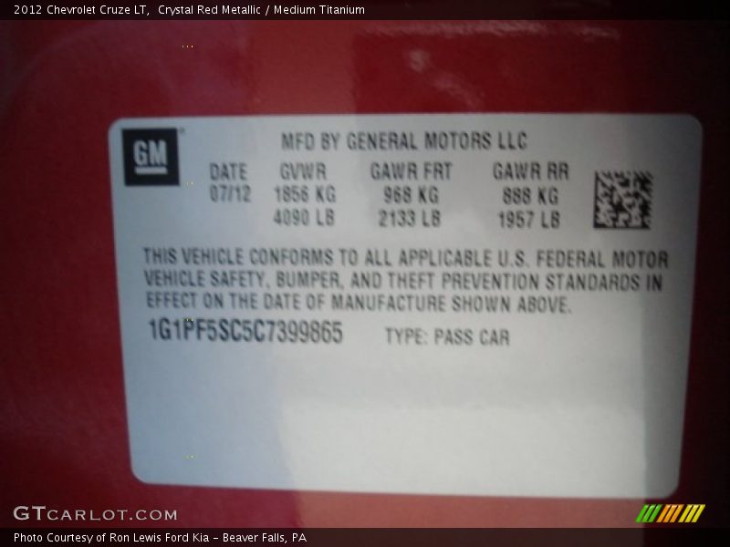 Crystal Red Metallic / Medium Titanium 2012 Chevrolet Cruze LT