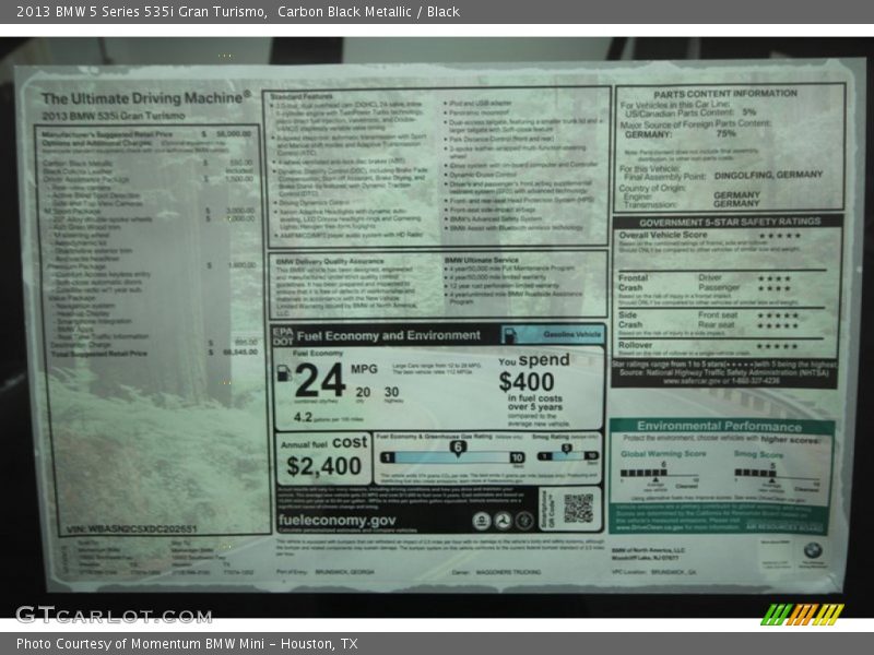  2013 5 Series 535i Gran Turismo Window Sticker