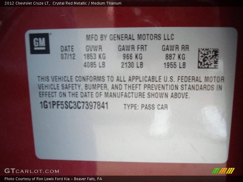Crystal Red Metallic / Medium Titanium 2012 Chevrolet Cruze LT
