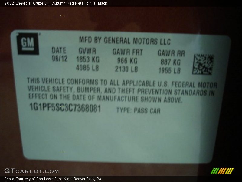 Autumn Red Metallic / Jet Black 2012 Chevrolet Cruze LT