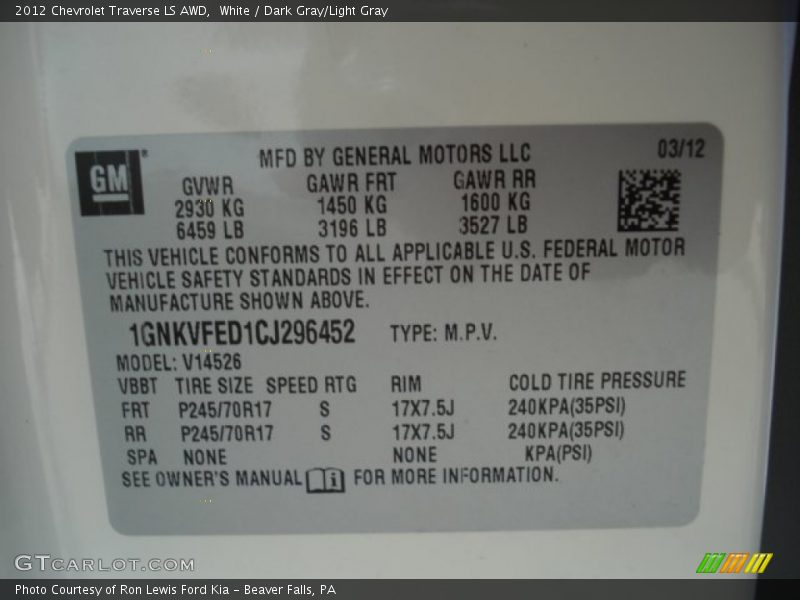 White / Dark Gray/Light Gray 2012 Chevrolet Traverse LS AWD