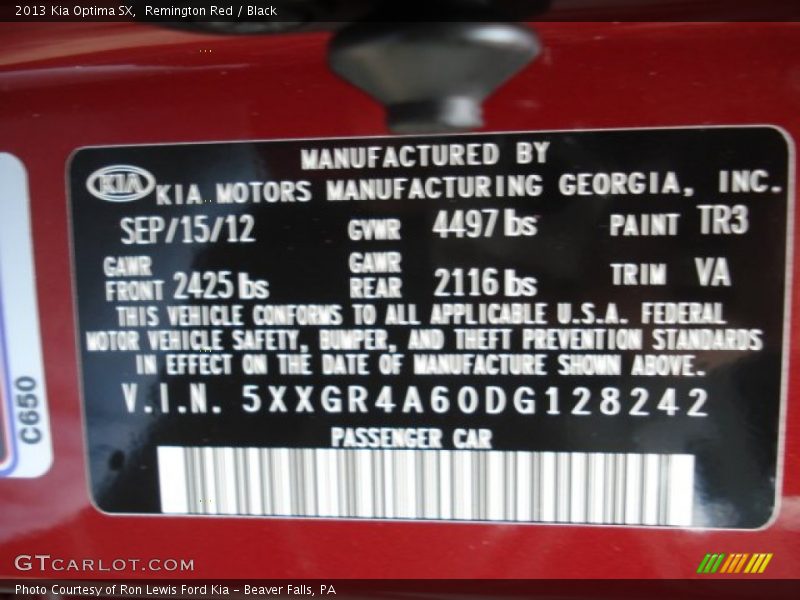 2013 Optima SX Remington Red Color Code TR3