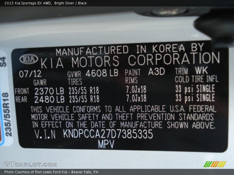 Bright Silver / Black 2013 Kia Sportage EX AWD