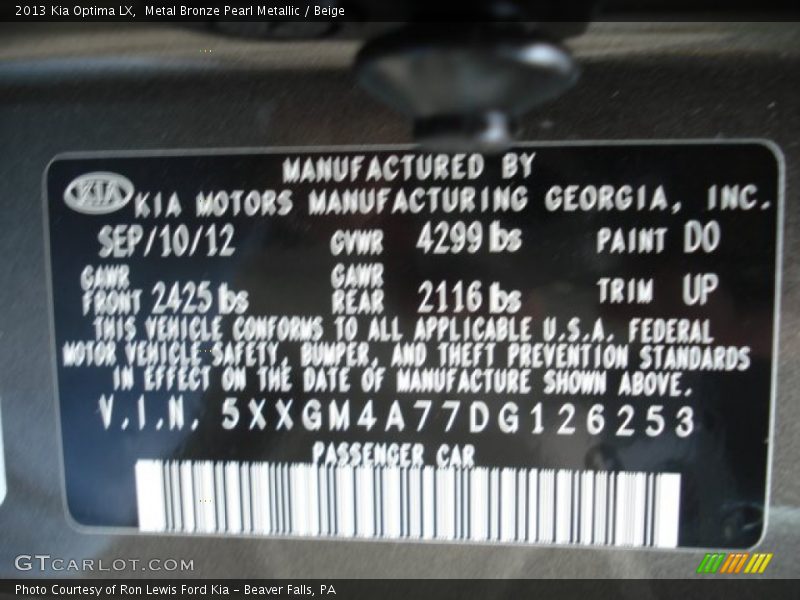 Metal Bronze Pearl Metallic / Beige 2013 Kia Optima LX