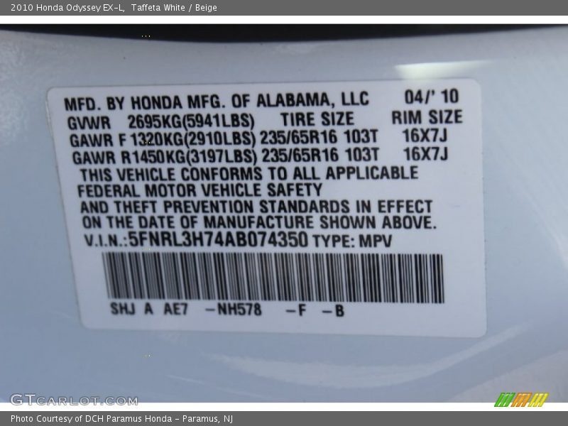 Taffeta White / Beige 2010 Honda Odyssey EX-L