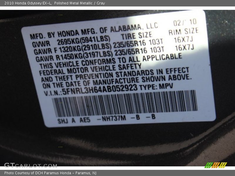 Polished Metal Metallic / Gray 2010 Honda Odyssey EX-L