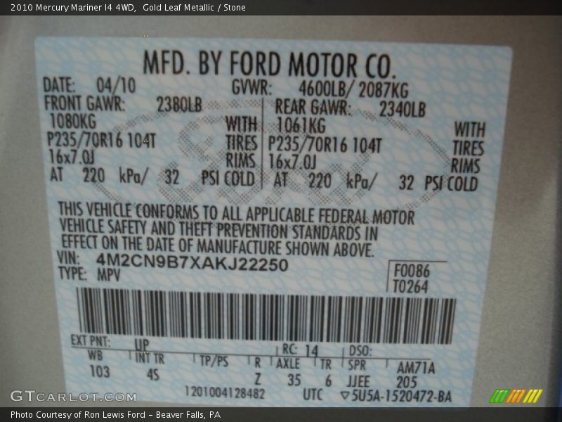Gold Leaf Metallic / Stone 2010 Mercury Mariner I4 4WD