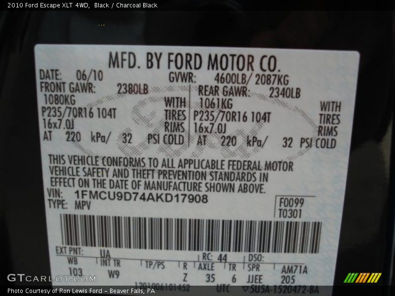 Black / Charcoal Black 2010 Ford Escape XLT 4WD