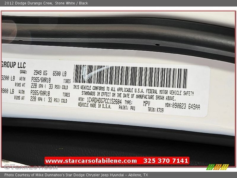 Stone White / Black 2012 Dodge Durango Crew